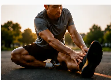 Active adult stretching after exercise, illustrative stock photograph